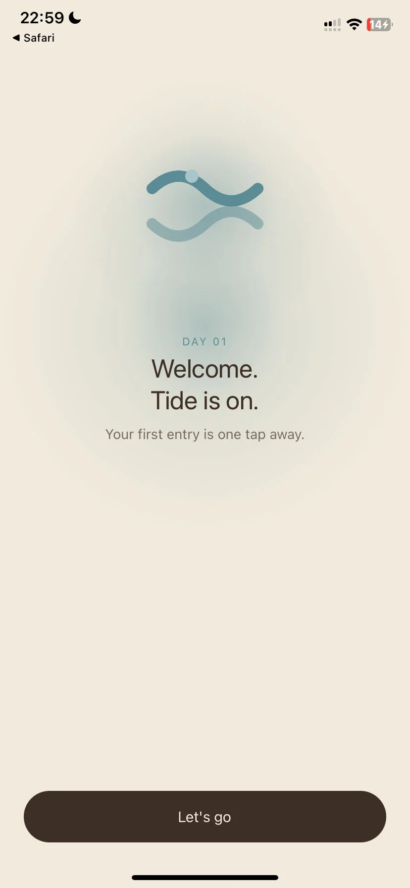 Tide app showing the welcome screen